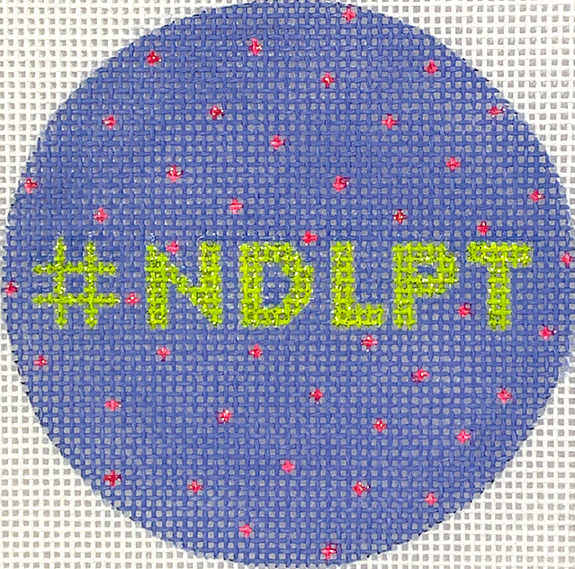 3" Round #NDLPT – periwinkle w/ hot pink dots & lime letters