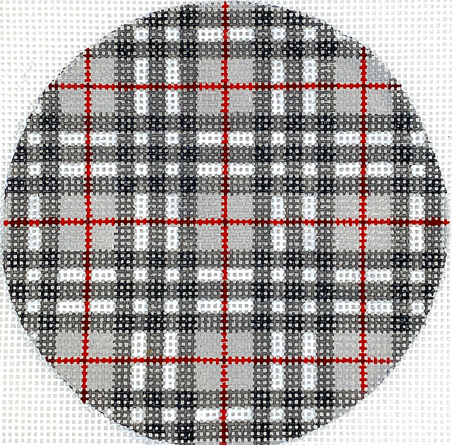 4” Round – Gentleman’s Plaid – grays, black & red w/ red letter