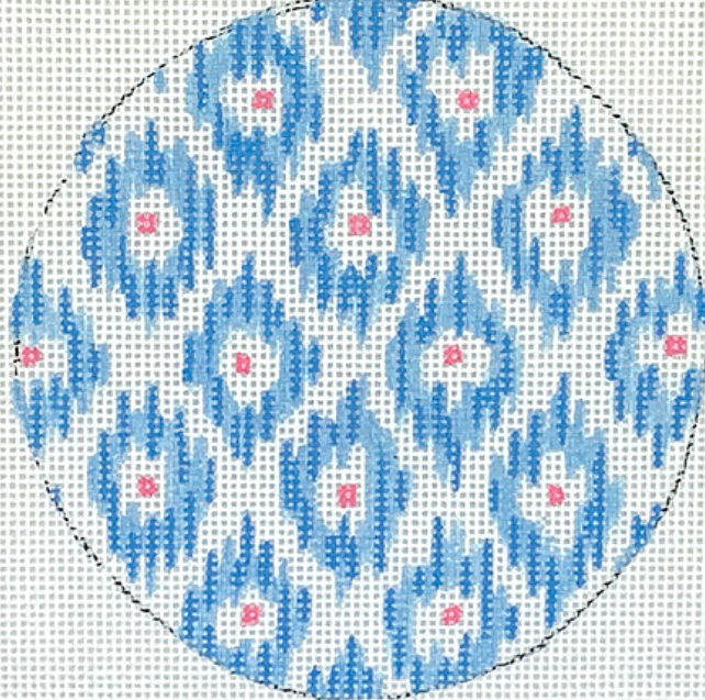 4” Round – Ikat – soft blues & pink w/ bright blue letter