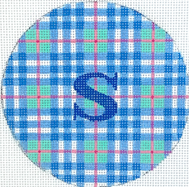4” Round – Madras Plaid – turquoise, blue & pink w/ blue letter