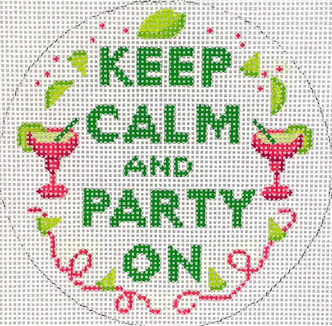4” Round – Keep Calm & Party On – pink & green
