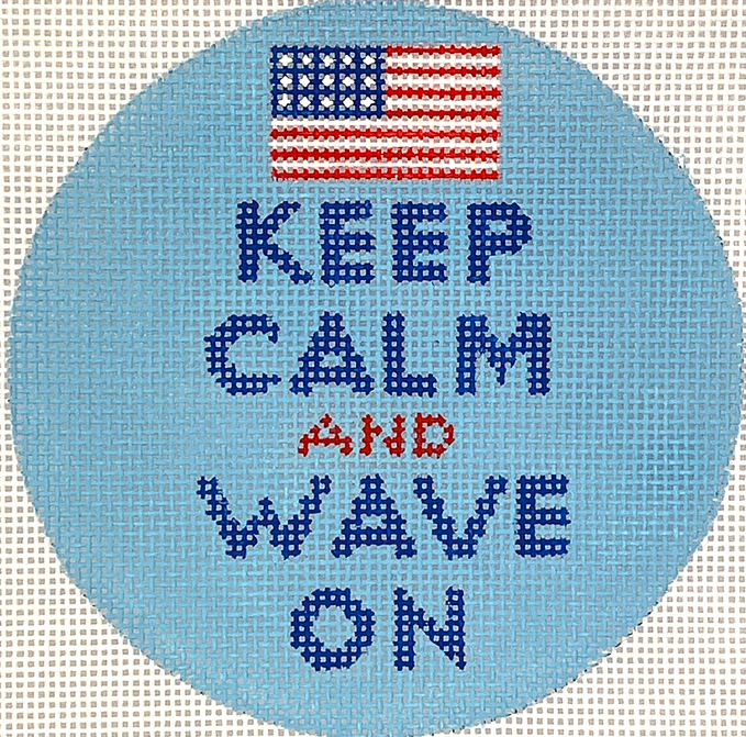 4” Round – Keep Calm & Wave On (American Flag) – on sky blue