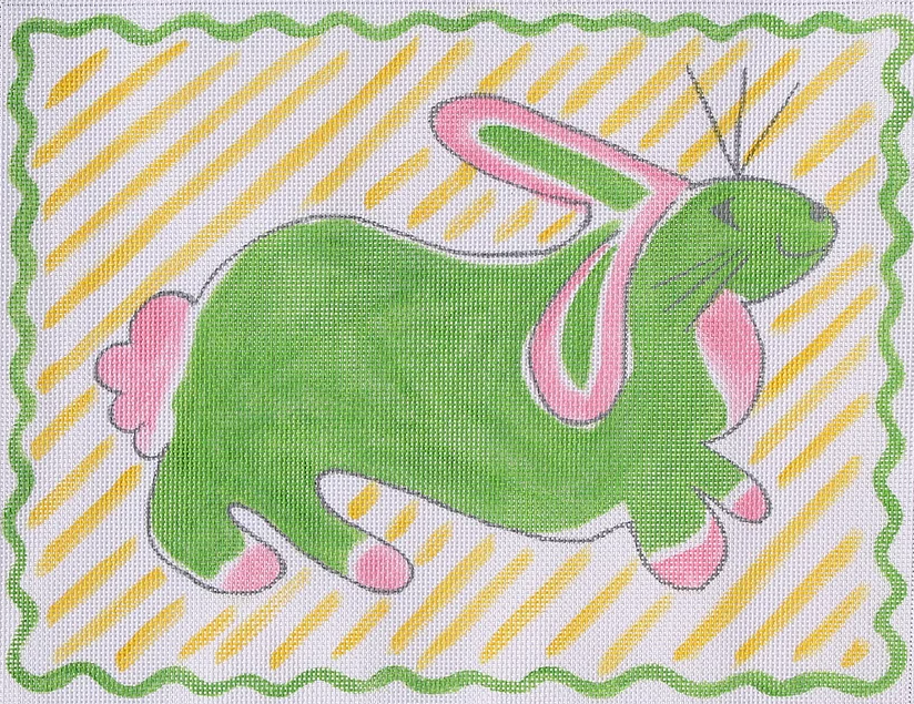 Jilly Walsh – Rabbit – pink & green on yellow stripes