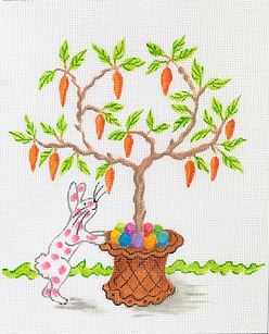 Jilly Walsh – Pink Spotted Bunny w/ Carrot Tree & Easter Eggs – multi on white