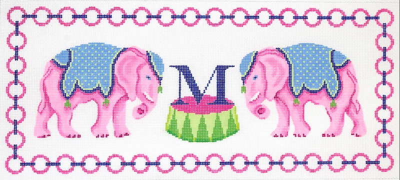 Pink Elephants w/ Jewelry Chain Border & Monogram Space – pinks, blues & greens