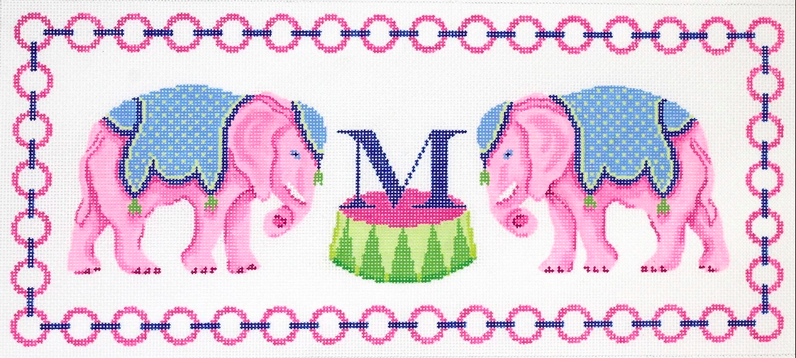 Pink Elephants w/ Jewelry Chain Border & Monogram Space – pinks, blues & greens