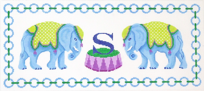 Blue Elephants w/ Jewelry Chain Border & Monogram Space – blues, greens & purples
