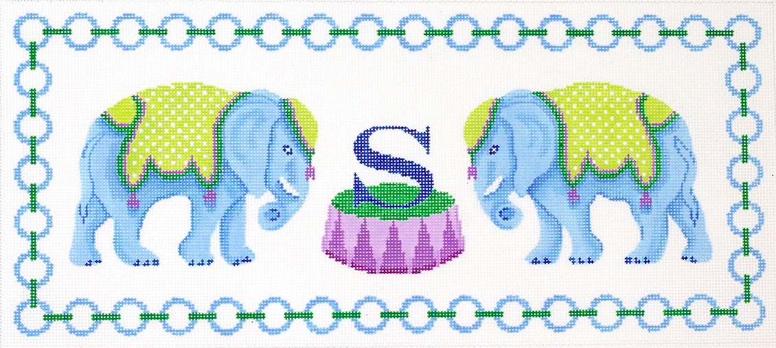 Blue Elephants w/ Jewelry Chain Border & Monogram Space – blues, greens & purples