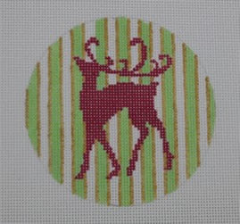 Pink Reindeer on Green and Gold Stripes