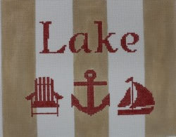 Lake with Adirondack Chair, Anchor, and Sailboat - Red, Khaki, & White