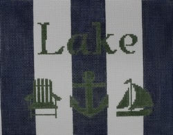 Lake with Adirondack Chair, Anchor, and Sailboat - Navy and White Canvas
