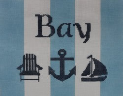 Bay with Adirondack Chair, Anchor, and Sailboat - Blue and White