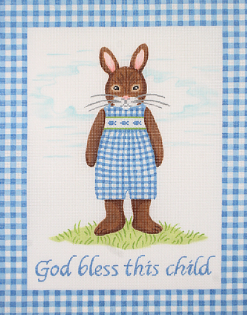 Kelly Rightsell – “God bless this child” Boy Bunny w/ Blue Gingham Border