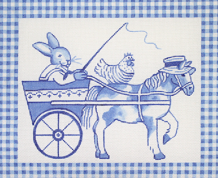 Kelly Rightsell – Blue Toile Bunny in Cart with Horse & Hen, Blue Gingham Border
