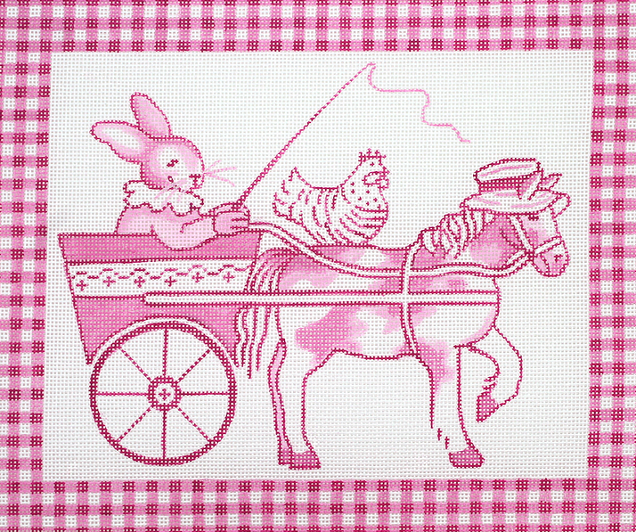 Kelly Rightsell – Pink Toile Bunny in Cart with Horse & Hen, Pink Gingham Border