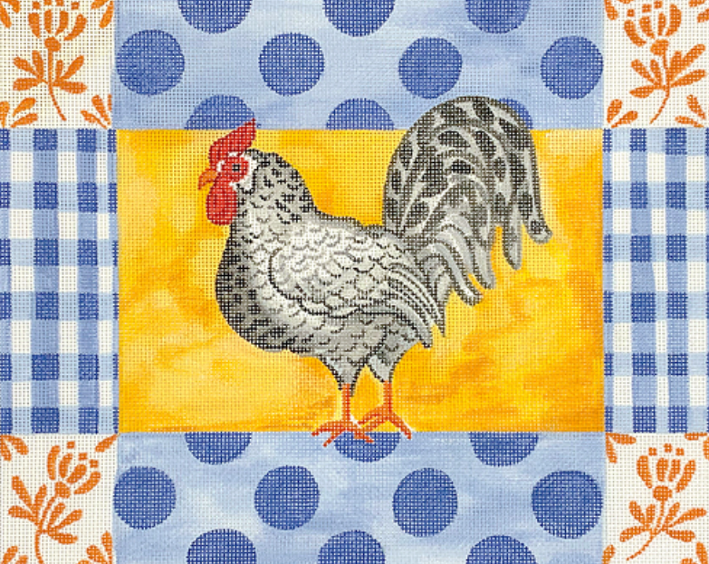 Kelly Rightsell – Rooster with Blue Polka Dots, Gingham and Orange Damask Flowers