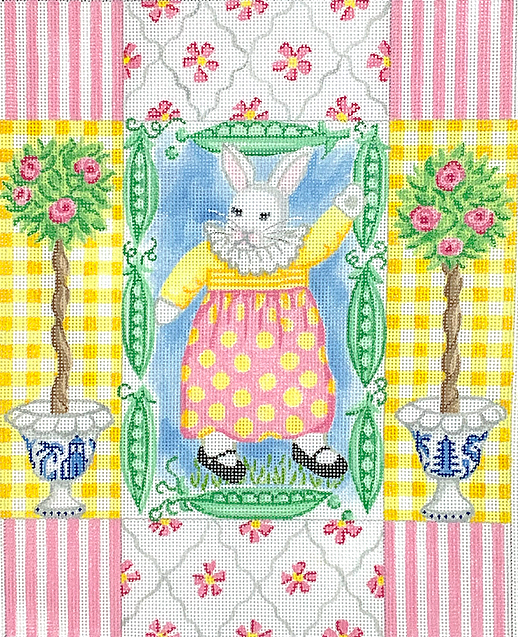 Kelly Rightsell – White Girl Bunny with Sugar Peas & Rose Topiaries