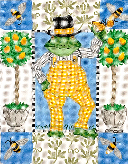 Kelly Rightsell – Frog in Yellow Gingham Overalls with Bees & Lemon Topiaries