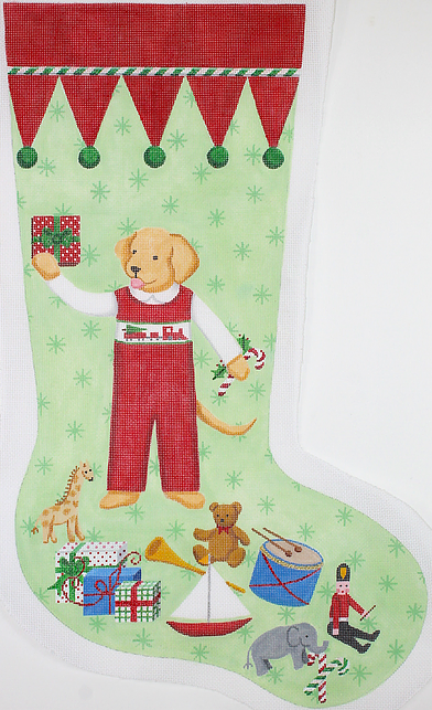 Kelly Rightsell Stocking – Yellow Dog Boy in Red Overalls