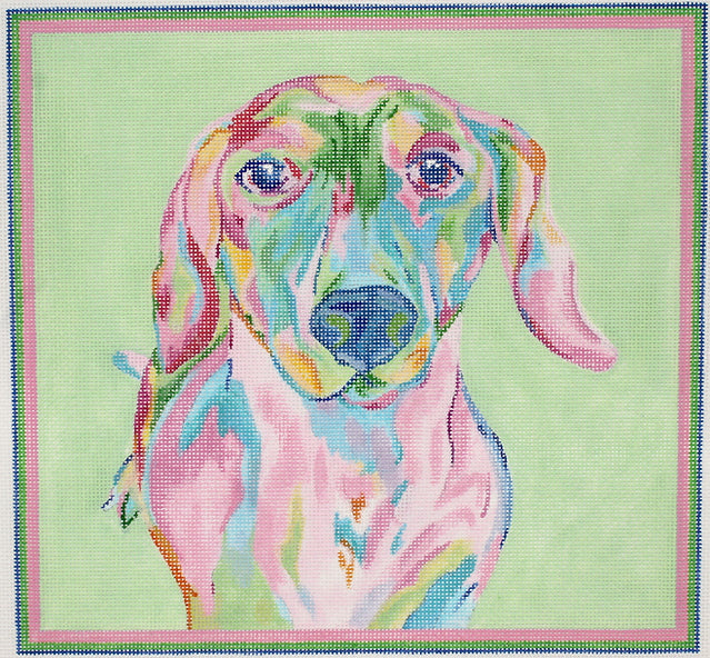 Megan Carn – Dachshund – pinks, blues and greens on light green
