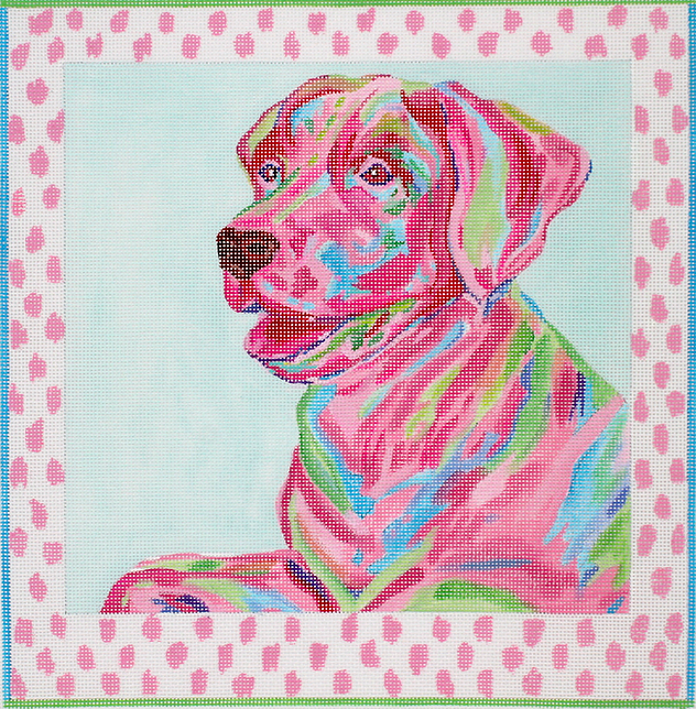 Megan Carn – Labrador – pinks, blues & greens on soft turquoise w/ pink spotted border