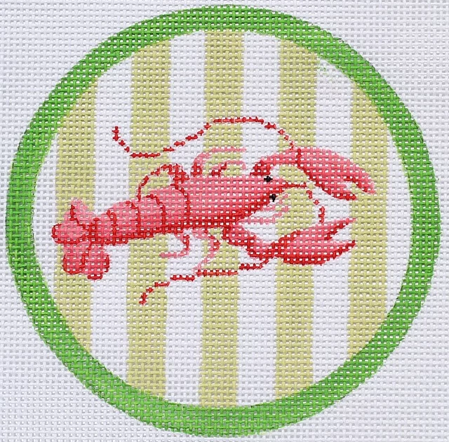 4" Round – Lobster on Bright Lime Cabana Stripes