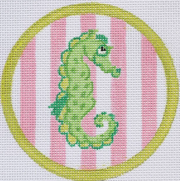 4" Round – Seahorse on Pink Cabana Stripes