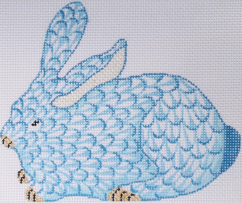 Mini Herend-style Crouching Bunny – blue w/ gold