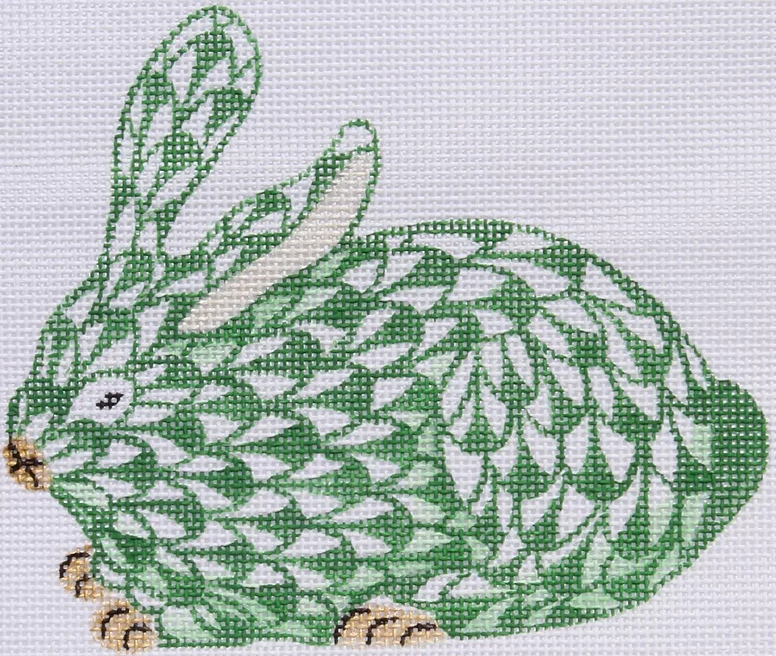 Mini Herend-style Crouching Bunny – emerald w/ gold