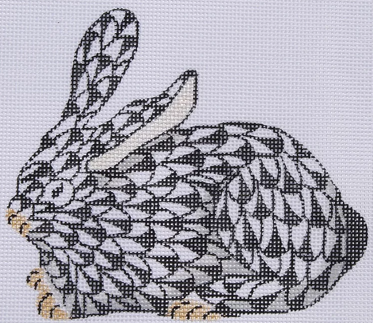 Mini Herend-style Crouching Bunny – black w/ gold