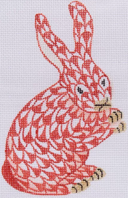 Mini Herend-style Standing Bunny – cinnabar w/ gold