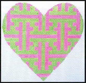 Mini Heart – Chinoiserie Lattice – green & pink (w/ stitch guide)