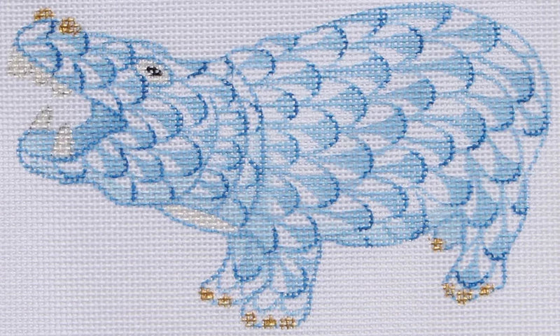 Mini Herend-style Hippo – blue w/ gold