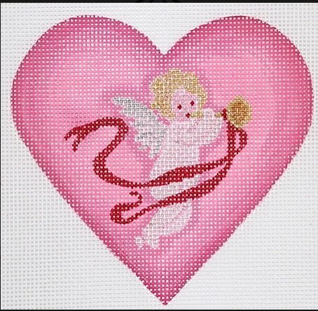 Valentine Mini Heart – Cherub With Horn & Ribbon – pinks, red, silver & gold