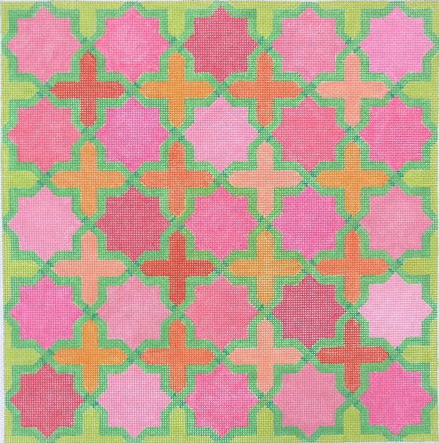 Moroccan Tiles – Crosses & Stars in pinks, oranges w/ greens (stitch guide available)