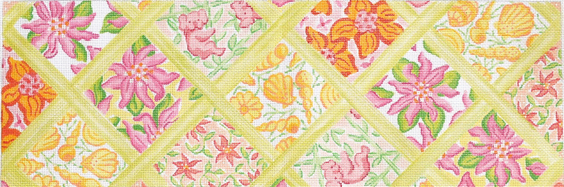 Long Rect.– Lilly-inspired Lattice Patchwork – yellows, pinks, corals & greens