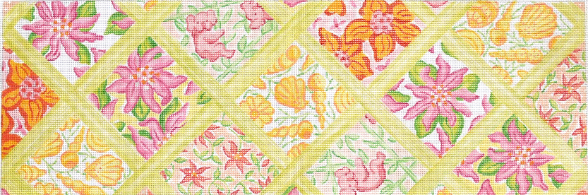 Long Rect.– Lilly-inspired Lattice Patchwork – yellows, pinks, corals & greens