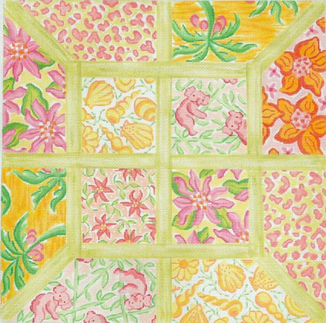 Lg. Sq.– Lilly-inspired Lattice Patchwork – yellows, pinks, corals & greens