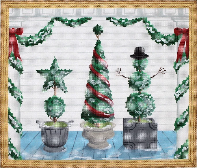 American Front Porch w/ Christmas Topiaries - Winter