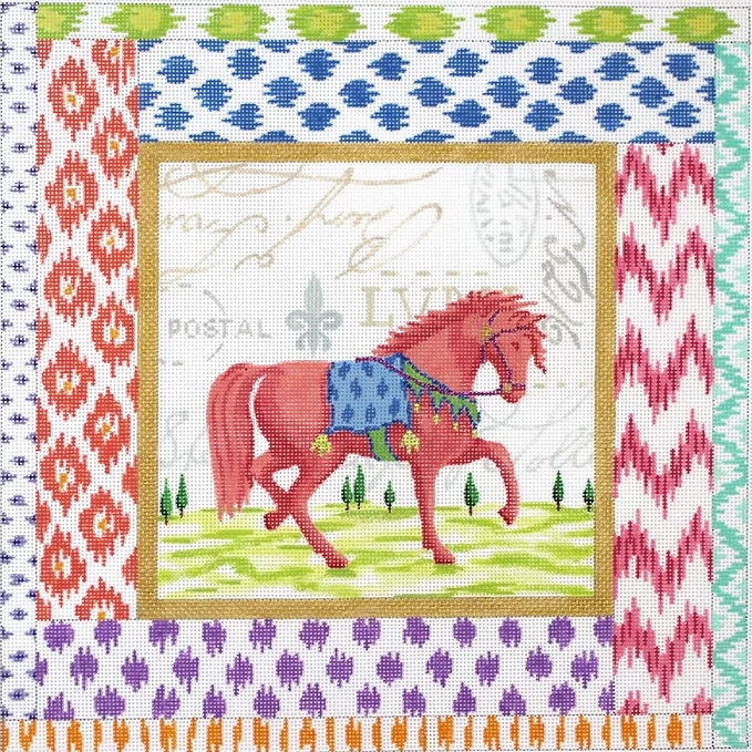 Exotic Collage – Coral Red Horse w/ Mixed Ikat Border