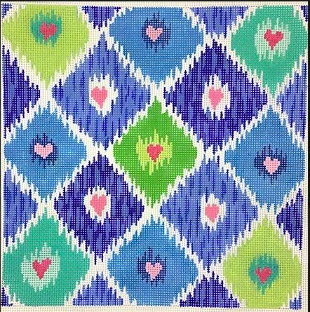 Ikat Diamonds w/ Allover Hearts – blues, greens & pinks
