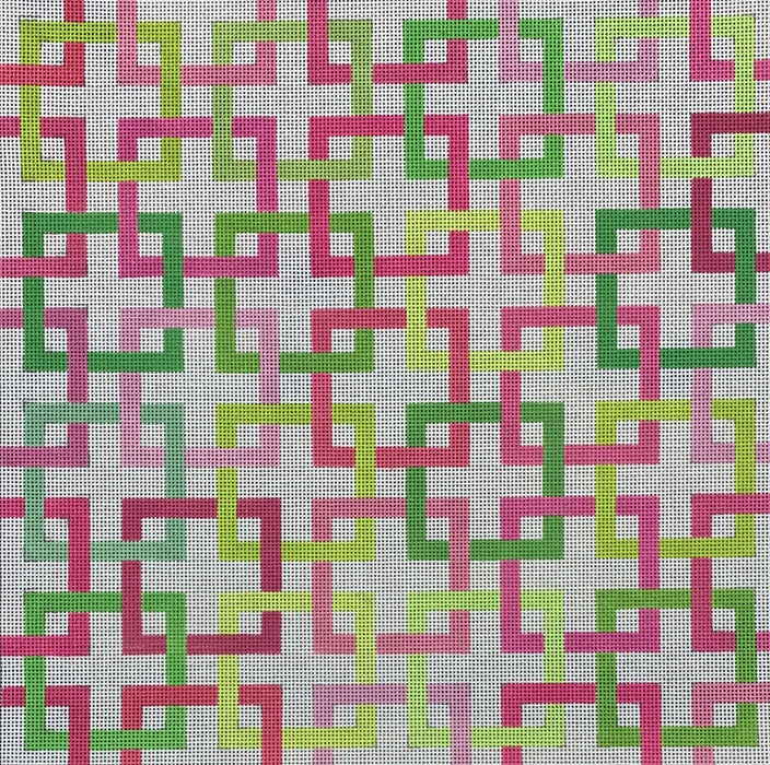 Interlocking Squares – pinks & greens on white