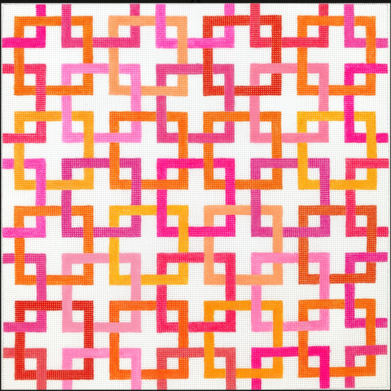 Interlocking Squares – pinks & oranges on white