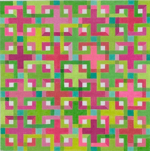 Interlocking Squares – pinks, greens & turquoise