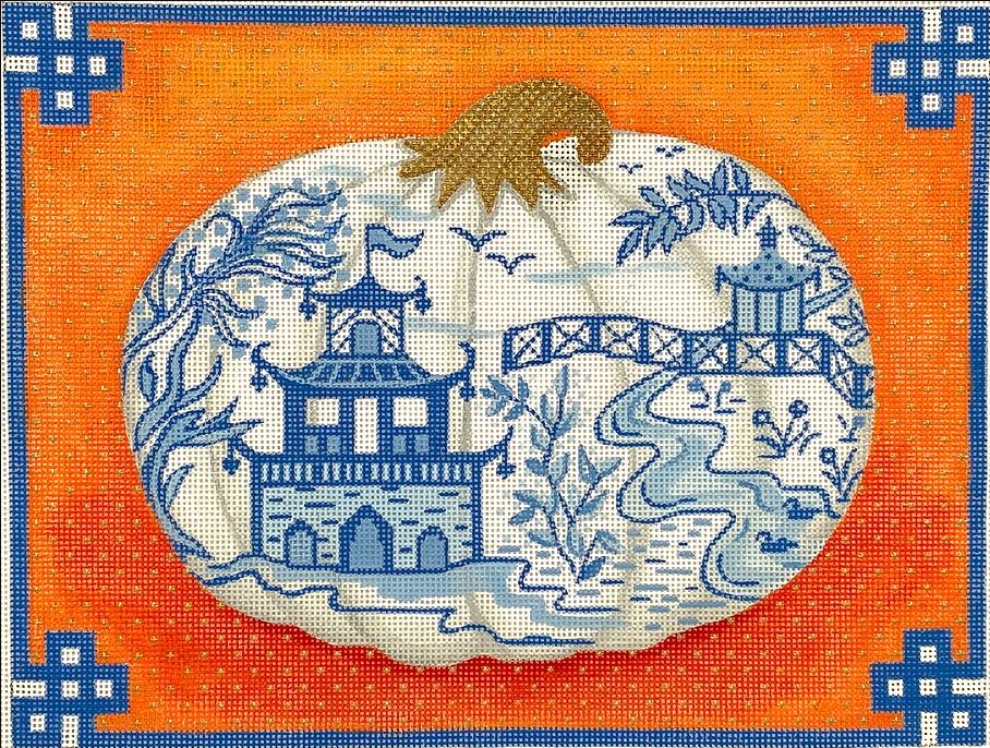 Chinoiserie Porcelain Pumpkin w/ Chinese border – blues, oranges & gold
