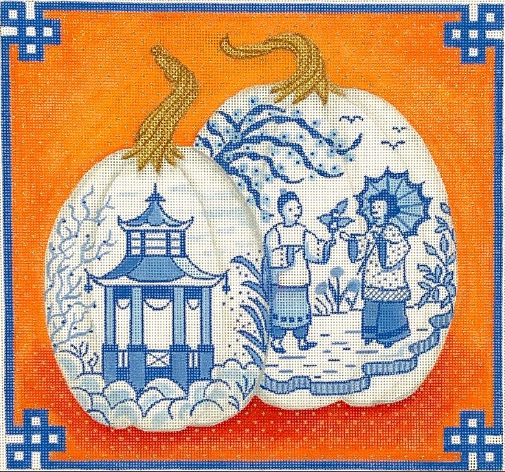 Chinoiserie Porcelain Pumpkins w/ Chinese border – blues, oranges & gold
