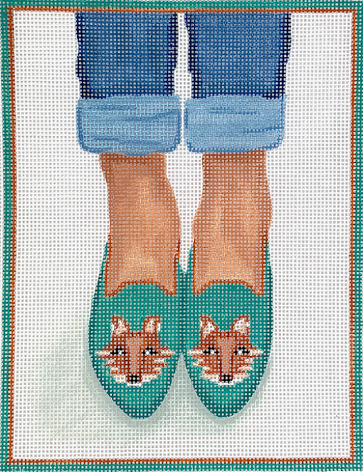 Here’s Looking At Shoe – Needlepoint Fox Head Loafers – tans on teal