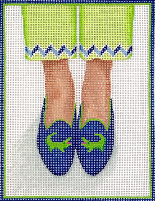Here’s Looking At Shoe – Needlepoint Gator Loafers – greens on navy