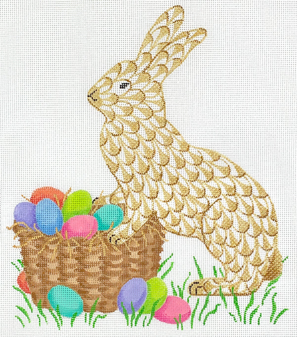 Golden Fishnet Easter Bunny with Basket of Eggs
