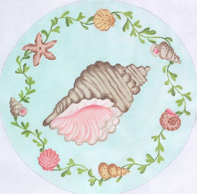Round Conch w/ Shells & Seaweed Border – aqua bkgd.